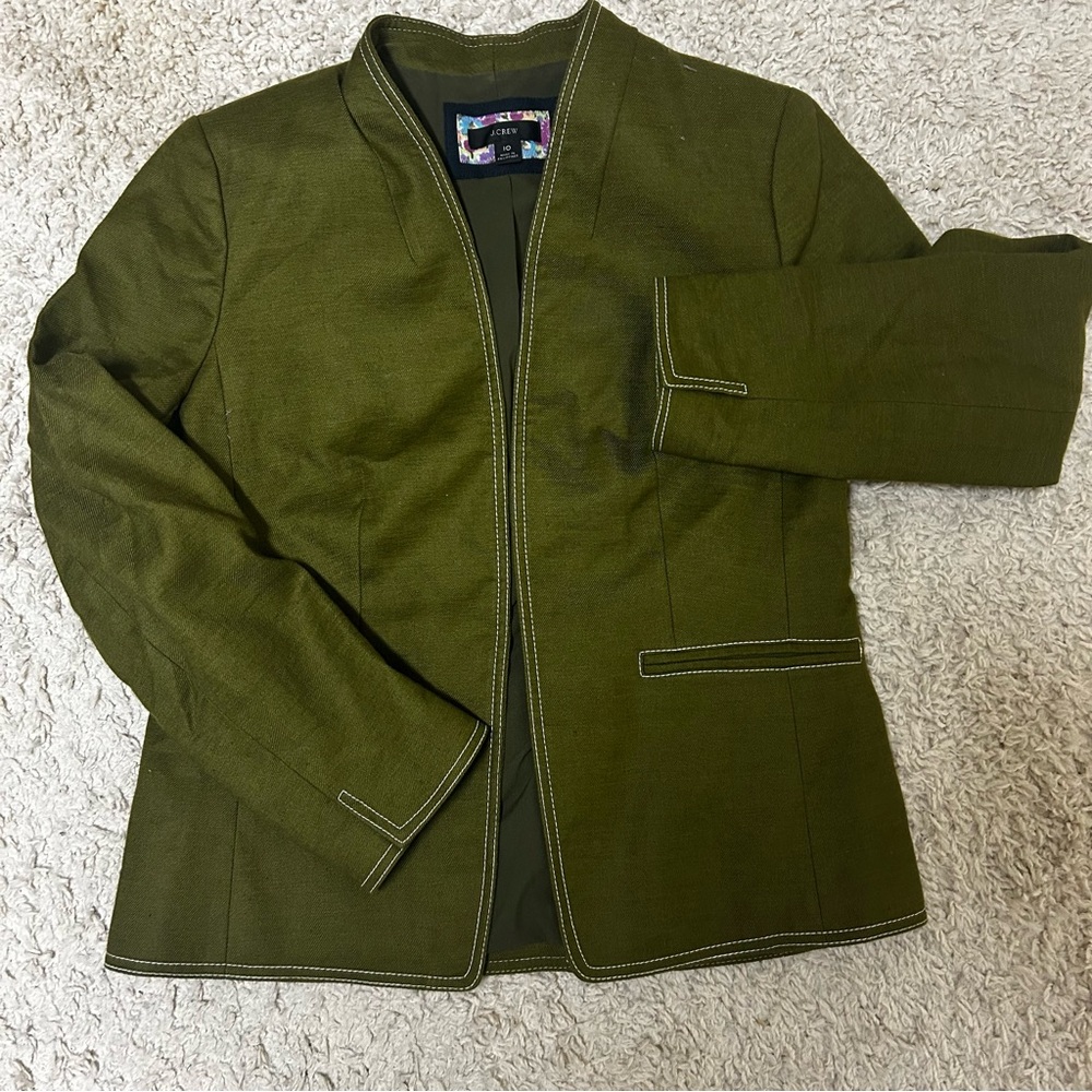 J. Crew Size 10 Going Out Blazer Jacket Olive Green Linen Blend Open Front EUC - Picture 4 of 14